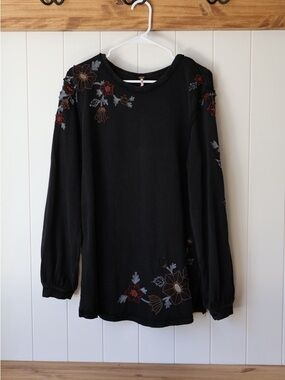 Free People Violet Vines Black Long-Sleeve Embroidered Women's Shirt - M